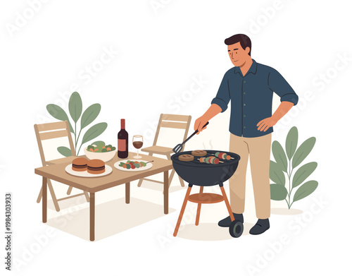 A weekend barbecue scene focused on food preparation and hosting, with a person carefully managing grilling while organizing a small outdoor space for guests, reflecting