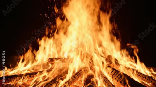 Burning wood fire at night for commercial backgrounds, digital design, and advertising