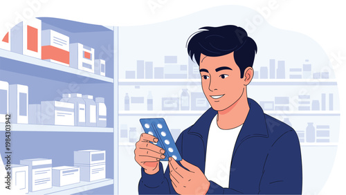 Young man in a blue jacket carefully examines a blister pack of pills while shopping in a well-stocked pharmacy with many medicines on shelves.