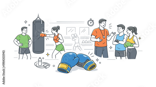 Boxing training session in a fitness environment where individuals build strength and discipline through guided practice, represented by a punching bag and a pair of