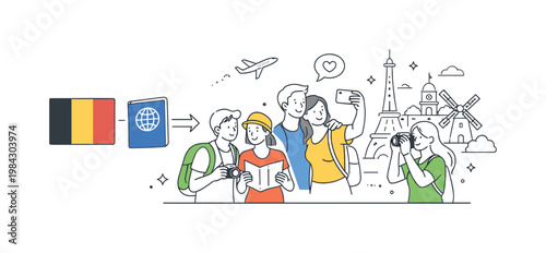 A travel and international connection scenario where individuals explore European destinations and cultural diversity, depicted through a simple scene with the Belgium