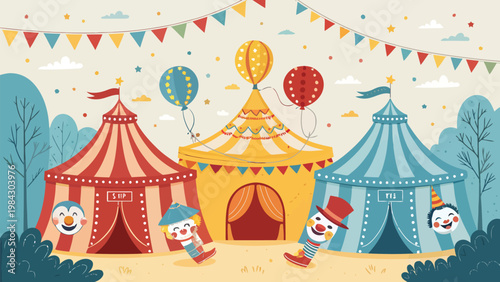 Colorful circus festival banner design with tent shapes and joyful snowmen characters