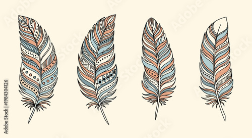 Stylized ethnic feather patterns with geometric tribal designs in blue and orange tones for decoration.