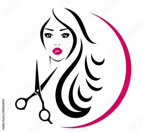 Hair salon, hairdresser sign with scissors and pretty woman