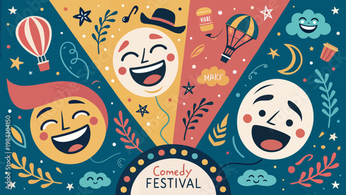 Comedy festival poster with laughing faces emojis and whimsical illustrations of hot air balloons and confetti