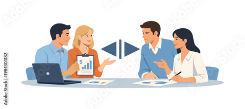 A team aligning financial consistency during a collaborative review discussion, gathered near a laptop while interacting with a simple mirrored comparison symbol beside