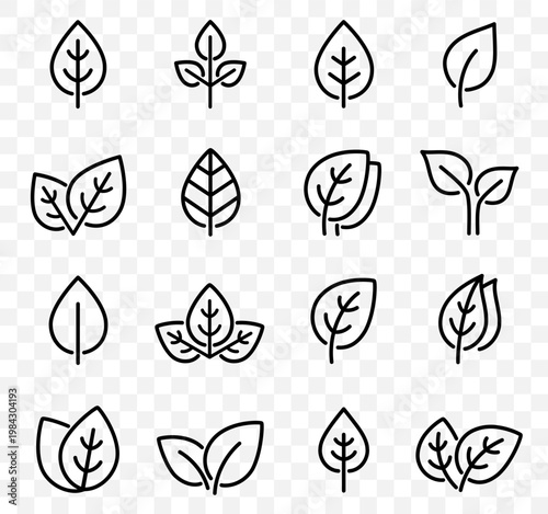 Linear black branches, leaves botanical set icons