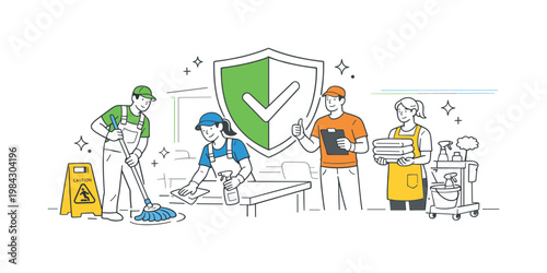 Cleaning service hygiene scenario showing professionals ensuring cleanliness and safety standards in shared spaces, with a mop and a single shield symbol as the visual