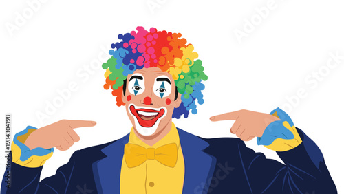 Happy man in colorful clown makeup and wig points to his big red painted smile while wearing a blue jacket and yellow bowtie.