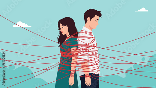 Sad man and woman stand back to back while being inextricably tangled and tied together by numerous red strings in a complicated relationship.