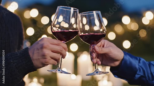 Two people clinking wine glasses outdoors for commercial backgrounds, digital design, and advertising
