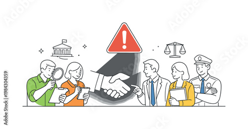 A governance and ethics scenario where institutions work to detect and prevent misuse of power and resources, illustrated through a clean scene featuring a handshake
