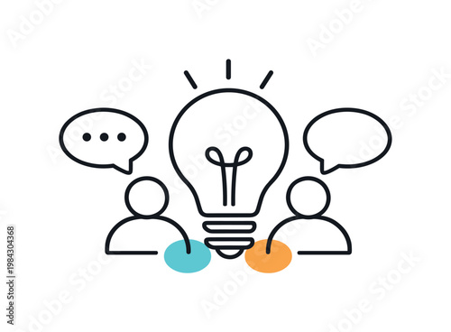 Brainstorming and concept development in team collaboration, a light bulb combined with a small speech bubble representing idea sharing and communication, conveying