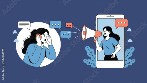 Surprised woman with headphones listens to important announcements delivered through a megaphone from another woman on a smartphone screen.