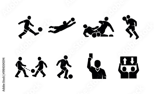 Football match actions: player kicking ball, goalkeeper diving, sliding tackle, header shot, passing ball, dribbling player, referee card, substitution board.