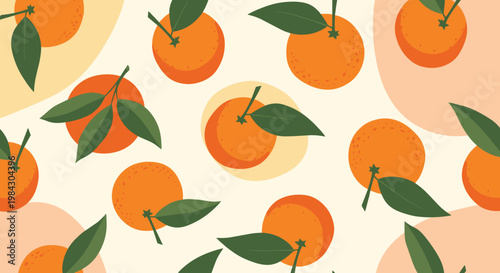 Seamless pattern of fresh orange fruits and green leaves creating a vibrant citrus food design background for organic wallpaper or textile.