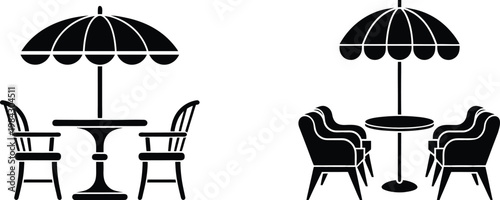 Outdoor cafe table and chair set with umbrella icons representing restaurant patio furniture and summer leisure scenes.