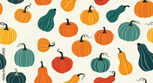 Seamless pattern of colorful autumn pumpkins and gourds featuring fall harvest vegetables for seasonal decoration and background design.