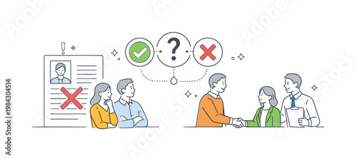 Workplace hiring process and candidate evaluation in a business environment where not all applicants are selected, visualized through two or three elements like a resume