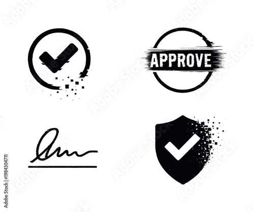 Digital verification and approval flow theme, a set of 4 glitch-distorted monochrome objects placed on a perfectly clean white background, each object carrying its own