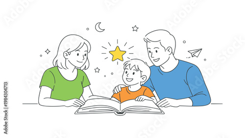 Parenthood bonding scene capturing meaningful interaction between adults and a child during shared time together, using an open book and a soft glowing star as a visual