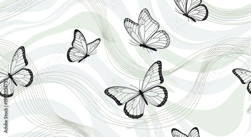 Elegant seamless pattern of delicate black line butterflies on a soft wavy background for textile design or wallpaper.