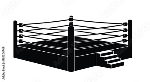 A stark black silhouette depicts a professional wrestling ring with ropes corner posts and steps showcasing a minimalist silhouette high quality detailed modern elegant