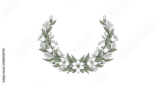 A delicate vintage floral wreath illustration featuring white flowers and green leaves forming a natural botanical garland design.