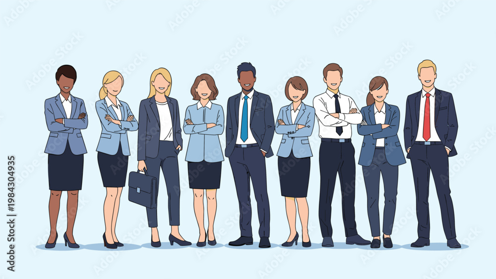 Obraz premium Diverse professional business group in formal suits stands together in a row for a corporate portrait representing teamwork and unity.