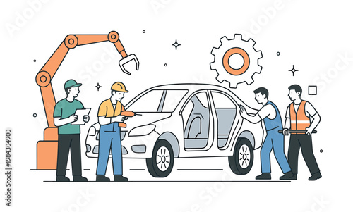 Manufacturing efficiency and industrial production in an automotive factory setting where workers coordinate tasks to assemble a vehicle step by step, represented by a