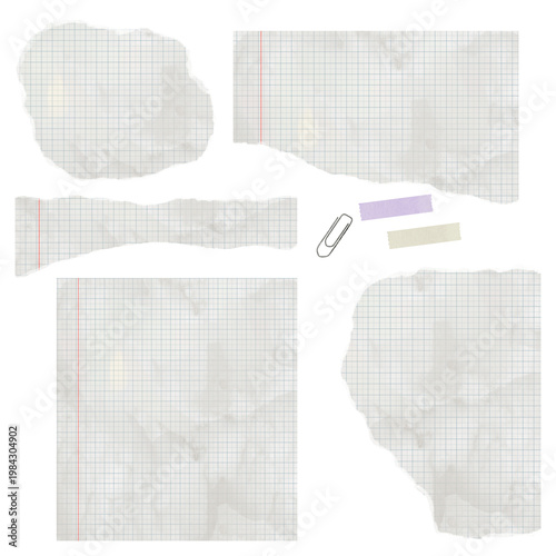 Checkered sheets from school notebooks, with torn edges and paper clips. Watercolor illustration. Set of torn pieces and strips of paper with crumpled edges and sticky tape, isolated on the background