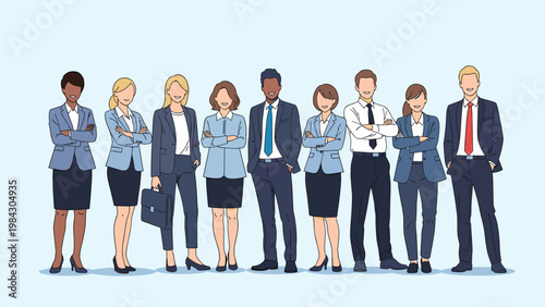 Diverse professional business group in formal suits stands together in a row for a corporate portrait representing teamwork and unity.