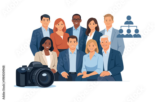 A corporate team posing for a formal group photo, illustrating company culture, collaboration, and collective identity in a structured setting, a camera paired with a