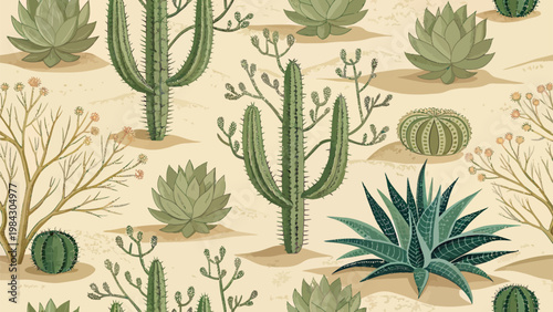Desert botanical pattern with agave combined with cacti and succulents on beige background with brown soil