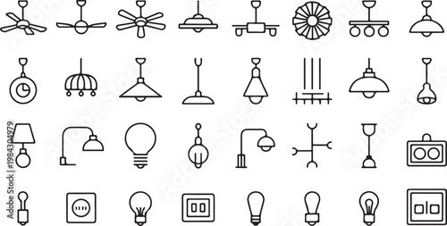 Lighting fixture icon set with lamps chandeliers and bulbs in line style