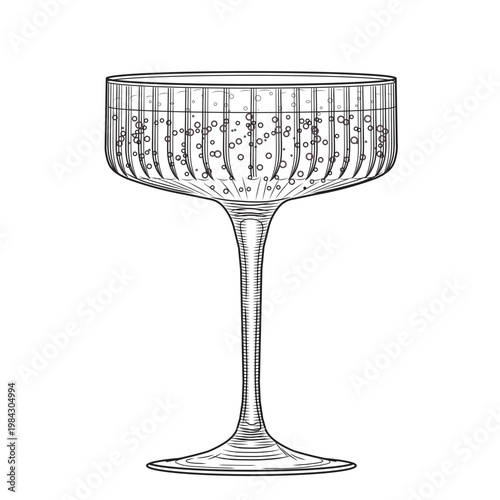 Wide coupe champagne glass, hand drawn vector illustration in line art style. Retro cabaret sparkling wine sketch. Flirty festive drink. Vintage engraving for bars and menus.