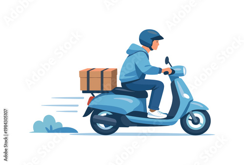 A courier providing convenient last-mile delivery solutions for customers, illustrated by a person riding a small scooter with a single box secured behind, conveying