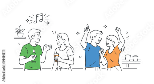 A home celebration context where individuals gather, talk, and enjoy music during a casual party, illustrated by a small group gathered near a simple dance note and light