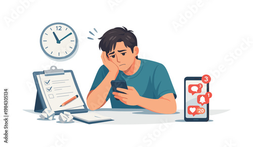 Digital interruption scene where a person checks notifications repeatedly instead of completing responsibilities, emphasizing attention loss, habit patterns, and