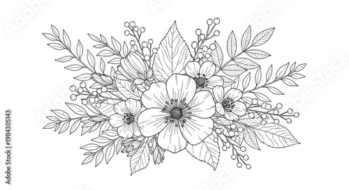 Elegant botanical floral wreath drawing with delicate leaves and berries perfect for nature design and vintage decoration.