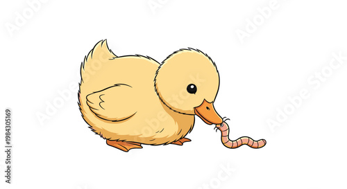 Adorable fluffy yellow duckling with a small orange beak and a wiggly tail in soft lighting.