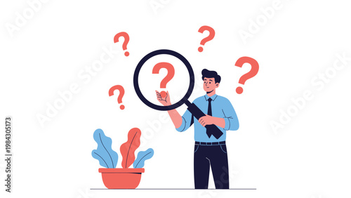 Puzzled man in a blue shirt uses a large magnifying glass to inspect floating red question marks in a search for answers or solutions.