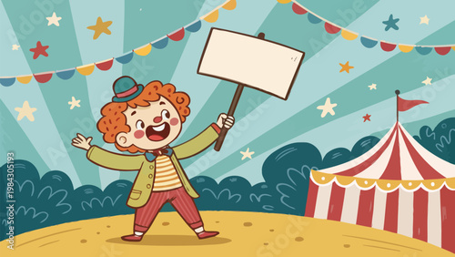 Smiling clown holding blank sign at colorful circus with tent and festive lights