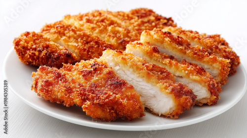 白い皿に盛り付けたジューシーなチキンカツのシンプルな一皿