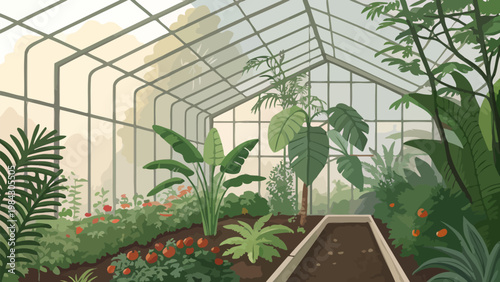 Lush tropical greenhouse interior with various plants and flowers in a serene environment setting