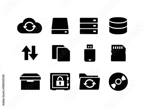 Data backup and storage: cloud backup, external hard drive, server rack, database cylinder, backup arrows, file copy, USB flash drive, memory card, archive box, secure