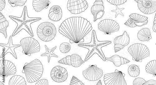 Seamless pattern of starfish and seashells for a beautiful ocean nature background and decorative design projects.