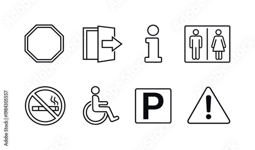 Public signage symbols: stop sign, exit door, information symbol, restroom sign, no smoking sign, wheelchair access sign, parking sign, warning triangle.