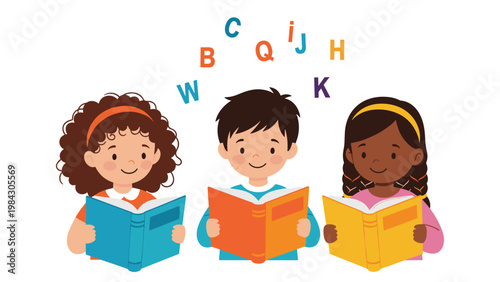 Diverse young children read books while colorful alphabet letters float above them representing early childhood education and literacy.
