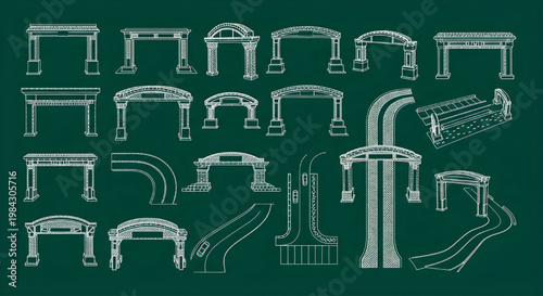 Parking and Entrance Planning Blueprint Icon Set – Multi View AutoCAD Resort Landscape Technical Drawing White Outline on Dark Green Background